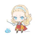  1girl anlucea blonde_hair blue_eyes blush_stickers boots brown_boots cape chibi chibi_only closed_mouth collared_shirt commentary_request dragon_quest dragon_quest_x dress flying_sweatdrops forehead full_body glint hair_pulled_back hairband holding holding_sword holding_weapon kosuga_kumi long_hair long_sleeves looking_at_another looking_at_viewer orange_dress rapier red_cape red_tabard shirt signature simple_background slime_(dragon_quest) standing sword tabard weapon white_background white_hairband white_shirt 