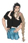  1boy 1girl aerith_gainsborough alternate_costume ass black_hair black_shirt blue_eyes blue_pants braid braided_ponytail casual choker closed_mouth couple cowboy_shot crisis_core:_final_fantasy_vii cropped_legs cross_scar denim earrings final_fantasy final_fantasy_vii from_behind green_eyes hair_ribbon hand_on_another's_ass hand_on_another's_shoulder hand_on_own_hip height_difference hetero highres hug jeans jewelry looking_at_viewer looking_back matching_outfits mush820823 pants parted_bangs pink_ribbon ponytail ribbon ring scar scar_on_cheek scar_on_face shirt short_sleeves smile spiked_hair stud_earrings white_background zack_fair 