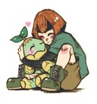  blush boots capelet gen_4_pokemon green_capelet green_footwear gym_leader hug natane_(pokemon) pokemon pokemon_(creature) pokemon_(game) pokemon_dppt smile takanashi_ringo turtwig 