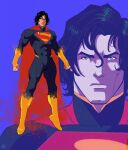  1boy abs absolute_dc absolute_superman black_hair blue_eyes cape clenched_hands commentary dc_comics full_body hair_between_eyes highres light_frown male_focus muscular muscular_male raynerahman red_cape serious superhero_costume superman superman_(absolute_dc) superman_(series) 