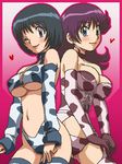  animal_print awa back-to-back black_hair blue_eyes breasts choker cleavage corset covered_nipples cow_print detached_sleeves earrings gloves jewelry long_hair lowres medium_breasts multiple_girls nowaki_hotaru oekaki one_eye_closed purple_eyes purple_hair short_hair smile thighhighs tokiwa_natsuko underboob zettai_karen_children 