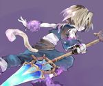  aqua_eyes bare_shoulders belt blonde_hair blue_pants blue_vest closed_mouth expressionless final_fantasy final_fantasy_ix foreshortening from_behind hair_tie holding holding_weapon long_hair low_ponytail male_focus outstretched_arms pale_skin pants polearm purple_background running shaded_face sidelocks simple_background sleeveless solo soto spear trance_zidane_tribal vest weapon wrist_cuffs zidane_tribal 