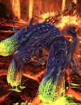  absurdres brachydios explosion glowing_fist highres horns lava monster monster_hunter_(series) monster_hunter_4 monster_hunter_4_g no_humans nutuki open_mouth red_eyes rock sharp_teeth single_horn slime_(substance) spiked_tail tail teeth uragaan volcanic_hollow 