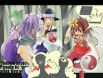  blonde_hair braid eating flandre_scarlet food hakurei_reimu hat izayoi_sakuya kirisame_marisa kochiya_sanae maid multiple_girls mushroom musical_note organ_derwald remilia_scarlet ribbon touhou tree wings witch_hat yin_yang 