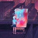  1other absurdres ambiguous_gender aqua_shirt arm_at_side artofdito billboard blue_shorts building commentary denim denim_shorts english_commentary film_grain fish flying_fish from_behind full_body hand_up highres holding holding_paintbrush on_rooftop original paintbrush painting_(action) painting_(object) shirt short_hair short_shorts short_sleeves shorts signature skyscraper standing t-shirt very_short_hair white_hair 