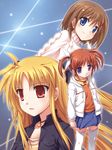  ahoge bad_anatomy blue_eyes blush brown_hair closed_mouth fate_testarossa hair_ornament kusakami_akira long_hair long_sleeves looking_at_viewer lyrical_nanoha mahou_shoujo_lyrical_nanoha mahou_shoujo_lyrical_nanoha_a's multiple_girls orange_shirt purple_eyes red_eyes red_hair shirt sidelocks takamachi_nanoha thighhighs twintails very_long_hair white_legwear x_hair_ornament yagami_hayate zettai_ryouiki 