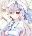  1girl beatrixa_(stella_sora) black_gloves blue_necktie closed_mouth collared_shirt commentary_request crossed_bangs gloves grey_hair hair_between_eyes hair_ornament half_gloves halo long_hair long_sleeves looking_at_viewer mirun_(funimani) necktie red_eyes shirt solo stella_sora stethoscope upper_body wing_collar x_hair_ornament 