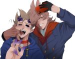  2boys ? animal_collar animification antenna_hair bandaged_neck bandages bishounen blood blue_coat blue_hoodie brown_eyes brown_hair burn_scar claws coat collar colored_extremities commentary_request drawstring eddsworld fangs finger_in_another's_mouth flipped_hair grin hair_ears hair_over_one_eye hand_up highres holding holding_phone hollow_eyes hood hood_down hoodie horns lapels long_sleeves male_focus military_coat military_uniform miya_xx2 monster_boy monster_tom_(eddsworld) multiple_boys one_eye_closed open_mouth phone pointy_ears purple_horns red_collar red_hoodie red_leader_(eddsworld) scar selfie short_hair simple_background smile spiked_hair tom_(eddsworld) tord_(eddsworld) upper_body white_background yaoi 