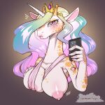  2026 alternate_species anthro areola big_breasts breasts cellphone cold-blooded-twilight crown electronics eyelashes female friendship_is_magic fur giraffe giraffid hair hasbro headgear hi_res horn mammal markings multicolored_hair my_little_pony nipples phone pink_eyes princess_celestia_(mlp) smartphone solo spots spotted_body spotted_fur 