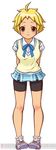  ahoge arms_behind_back artist_request bike_shorts blonde_hair blush bow hachi_koi ribbon saeki_noa shoes short_hair skirt smile sneakers solo watermark yellow_eyes 