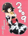  2009 animal_ears animal_print bell bell_choker black_hair blue_eyes chinese_zodiac choker copyright_request cow_ears cow_girl cow_horns cow_print horns japanese_clothes machiko_(beard) new_year solo translation_request year_of_the_ox 