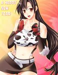  2009 animal_print black_hair breasts chinese_zodiac cow_print final_fantasy final_fantasy_vii fingerless_gloves gloves large_breasts long_hair low-tied_long_hair maki_(seventh_heaven_maxion) midriff miniskirt navel new_year pencil_skirt red_eyes shirt skirt solo suspender_skirt suspenders taut_clothes taut_shirt tifa_lockhart year_of_the_ox 