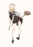  1girl apron back black_dress broom broom_riding commentary_request dress facing_away from_behind high_heels highres long_hair maid maid_apron maid_headdress original popman3580 simple_background solo white_background 