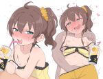 1boy 1girl ahoge blue_eyes blush breasts brown_hair bubukka camisole can collarbone commentary_request drink_can drinking_straw drunk hair_ornament hair_scrunchie hand_in_another's_panties heart hetero holding holding_can hololive natsuiro_matsuri natsuiro_matsuri_(matsuri's_day_off) nipples nose_blush official_alternate_costume open_mouth panties scrunchie side_ponytail simple_background small_breasts strap_slip underwear virtual_youtuber white_background yellow_camisole yellow_scrunchie 