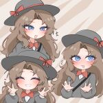  1girl blue_eyes bow bowtie brown_hair closed_eyes ehdgur9 fang hat heart highres kindergarten_uniform limbus_company limbus_kindergarten_uniform long_hair looking_to_the_side mole mole_under_eye official_alternate_costume open_mouth project_moon red_bow rodion_(project_moon) school_hat solo traditional_bowtie 