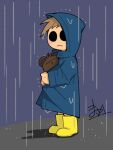  1boy aged_down alternate_costume animated animated_gif bad_id bad_tumblr_id blue_raincoat boots brown_hair child commentary eddsworld english_commentary frown full_body hollow_eyes hood hood_up long_sleeves looking_at_viewer looping_animation male_focus polka-mazurka raincoat rubber_boots short_hair signature solo standing stuffed_animal stuffed_toy teddy_bear tom_(eddsworld) tomee_bear_(eddsworld) toon_(style) yellow_boots 