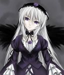  black_wings cowboy_shot dress flower grey_background hairband long_hair looking_at_viewer purple_dress purple_eyes purple_flower purple_rose rose rozen_maiden silver_hair smile solo suigintou wings yanphoenix 