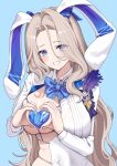  1girl absurdres animal_ears blonde_hair blue_background blue_bow blue_bowtie blue_eyes bow bowtie breasts brown_dust_(series) brown_dust_2 commentary_request darian_silverstein darian_silverstein_(bittersweet_bunny) dress fake_animal_ears heart-shaped_boob_challenge heart_pasties highres jinggun large_breasts long_hair looking_at_viewer pasties rabbit_ears simple_background smile solo very_long_hair white_dress 