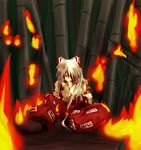  angry bamboo bamboo_forest bleeding blood fire forest fujiwara_no_mokou hair_ribbon makoto_jon nature ribbon solo touhou white_hair 