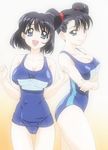  2girls black_hair blue_eyes breasts cleavage ecchi multiple_girls one-piece_swimsuit school_swimsuit smile swimsuit twintails 
