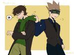  2boys animification annoyed antenna_hair beard_stubble black_coat black_necktie black_pants black_vest blue_shirt border brown_hair chinese_commentary chinese_text coat collared_shirt commentary_request dragging drawstring edd_(eddsworld) eddsworld erbz02 facial_hair future_edd_(eddsworld) future_tom_(eddsworld) green_eyes green_hoodie green_pants hair_behind_ear head-mounted_display highres hood hood_down hoodie jitome lcd long_sleeves male_focus mature_male multiple_boys necktie open_clothes open_coat pants shaded_face shirt short_hair simple_background spiked_hair spoken_squiggle squiggle stubble tom_(eddsworld) translation_request trench_coat vest yellow_background 
