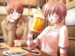  1girl alcohol beer blue_eyes brown_hair canvas_2 food glasses green_eyes hood hoodie kikyou_kiri non-web_source pink_hair short_hair yanagi_shin'ichirou 