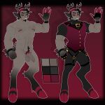  absurd_res antlers balls bileshroom bondage_gear cervine clothed clothing deer digital_media_(artwork) fur genitals hair hazbin_hotel hellaverse hi_res horn humanoid looking_at_viewer lovetap_(saberhorn) male mammal nipple_piercing nipples nude penis piercing satyr simple_background solo suit teeth 