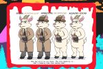 1980s_theme 3:2 absurd_res accessory alystairphantem anthro bill_gruff_(the_party_animals) blood bodily_fluids bovid bright_colors caprine casual_nudity cheek_tuft chest_tuft clothing coat domestic_goat english_text facial_tuft fedora fur goat hat headgear headwear hi_res hooves horn male mammal mature_male middle_aged model_sheet necktie no_genitals notebook nude pencil pointy_ears solo tail text the_party_animals topwear trenchcoat tuft white_body white_fur