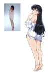  1girl arato_nagi bare_legs barefoot black_hair clothes_down commentary_request from_behind jk_arts long_hair looking_at_viewer looking_back photo-referenced purple_eyes reference_inset ruri_no_houseki shirt simple_background spanish_commentary standing tiptoes white_background white_shirt 