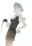 1girl ace_attorney ascot black_gloves blue_hair commentary_request earrings fagi_(kakikaki) franziska_von_karma gloves hand_on_own_hip holding holding_whip jewelry long_sleeves puffy_sleeves short_hair simple_background whip white_ascot white_background 