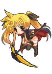  bardiche blonde_hair cape chibi energy_blade fate_testarossa gloves hair_ribbon long_hair lyrical_nanoha mahou_shoujo_lyrical_nanoha red_eyes ribbon rokko scythe solo thighhighs twintails 