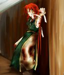  bandages bleeding blood braid china_dress chinese_clothes dress green_eyes hong_meiling injury long_hair makoto_jon pants pants_under_dress red_hair solo touhou 