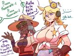  2girls ? absurdres arm_at_side blonde_hair breasts choker closed_eyes closed_mouth commentary commission cowboy_hat dark-skinned_female dark_skin ear_ornament english_commentary english_text fang gloves goggles goggles_on_head hair_ornament hand_on_own_hip hat highres huge_breasts jojo_no_kimyou_na_bouken lipstick long_hair makeup medium_breasts multiple_girls musical_note navel no_bra open_clothes open_mouth open_shirt original personification purple_eyes purple_lips shirt short_sleeves side-by-side simple_background skin_fang slow_dancer_(jojo) smile spoken_question_mark starlinkman steel_ball_run stomach tied_shirt upper_body valkyrie_(jojo) very_dark_skin very_long_hair white_background 
