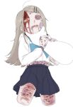  1girl abuse aqua_bow aqua_bowtie beaten black_cat03 blonde_hair blood blood_on_face body_writing bow bowtie bruise bruise_on_face bruise_on_hand bruise_on_leg bruise_on_stomach child_abuse cigarette_burn commentary cropped_legs domestic_violence drooling english_commentary gakuen_idolmaster hair_ornament hairclip highres holding_another's_arm idolmaster injury long_sleeves midriff orange_eyes pain parallel_hairclips raised_inner_eyebrows ryona saliva scar self-harm_scar shinosawa_hiro skirt strangling tearing_up tears violence white_background 