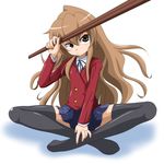  aisaka_taiga bokken brown_eyes brown_hair full_body hands_on_feet indian_style long_hair non_(number) plantar_flexion sitting skirt solo sword thighhighs toradora! weapon wooden_sword zettai_ryouiki 