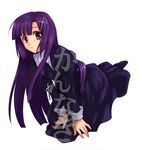  black_dress blush dress dutch_angle hair_ornament kannagi kneeling konno_rei long_hair long_sleeves looking_at_viewer purple_eyes purple_hair simple_background solo very_long_hair white_background x_hair_ornament zange 