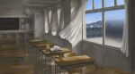  blue_sky book chair chalkboard classroom commentary_request curtains day desk electric_fan floating_curtains highres indoors kake_(kakelele) mountainous_horizon no_humans open_book open_window original pencil_case scenery school_chair school_desk sky window 
