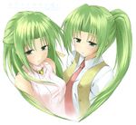  green_eyes green_hair hair_ribbon half_updo higurashi_no_naku_koro_ni long_hair mintol_(qool+) multiple_girls necktie ponytail red_neckwear ribbon siblings sisters sonozaki_mion sonozaki_shion twins 