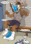  absurd_res anthro antlers athletic_wear bdsm bench blue_eyes bodily_fluids bondage bound brick brick_wall brown_body brown_fur chuck_taylor_all_stars clothing converse converse_shoes deer facial_hair footwear forced_sniffing fur gym hi_res horn locker_room male mammal on_bench reebok scared shocked shoe_fetish shoelaces shoes sitting sitting_on_bench smelly_shoes sneakers socks solo speech_bubble startled surprised sweat sweaty_clothing wall_(structure) 