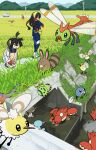  ._. 1boy 1girl absurdres ahoge alternate_color animal_ears antenna_hair bag black_hair blue_gakuran blue_pants blue_shirt blue_skin blueberry_academy_school_uniform brother_and_sister brown_fur bug carmine_(pokemon) colored_inner_hair colored_skin commentary corphish crossed_bangs crustacean drainpipe ekans fanny_pack flying gloves grass hair_between_eyes hairband hand_in_own_hair hand_up highres horns insect_wings jacket kei_truck kieran_(pokemon) long_hair long_sleeves looking_at_another motor_vehicle multicolored_hair necktie official_alternate_color open_mouth outdoors pants pickup_truck pokemon pokemon_(creature) pokemon_scarlet_and_violet poliwag poochyena proboscis purple_hair rabbit_ears red_gloves red_necktie road scenery school_uniform sentret shiny_and_normal shiny_pokemon shirt shorts shuan_0420 siblings single_glove single_horn slice_of_life slit_pupils solid_circle_eyes spinarak squatting striped_tail tail truck two-tone_hair untranslatable_commentary utility_pole white_jacket white_shorts wings wooper yanma yellow_bag yellow_eyes yellow_fur yellow_hairband 