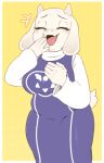 2_horns 5_fingers anthro border boss_monster_(undertale) bovid breasts caprine clothed clothed_anthro clothed_female clothing digital_drawing_(artwork) digital_media_(artwork) dress eyelashes eyes_closed female female_anthro fingers floppy_ears front_view fur goat head_horn horn laugh long_sleeves lop_ears mammal mature_anthro mature_female open_mouth open_smile purple_clothing purple_dress q_qringo simple_background slightly_chubby slightly_chubby_anthro slightly_chubby_female smile solo tail toriel undertale_(series) white_body white_border white_ears white_fur white_horn white_tail yellow_background