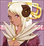  artist_request blonde_hair breasts cleavage cleavage_cutout copyright_request dark_skin demon demon_girl hair_ribbon horns large_breasts lips purple_eyes ribbon solo 