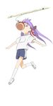  anpan bad_id bad_pixiv_id bread_eating_race closed_eyes food gym_uniform hair_ribbon headband hiiragi_kagami jumping keeeesuke kneehighs long_hair lucky_star mouth_hold purple_hair ribbon simple_background solo sports_festival twintails white_legwear 