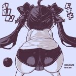  1girl ahoge ass ass_focus back backbeako_(torotei) backbeard bent_over blue_background blue_theme buruma cameltoe commentary dated dated_commentary facing_away feet_out_of_frame from_behind gegege_no_kitarou gym_shirt gym_uniform hair_ribbon kono_lolicon_domome long_hair monochrome original paid_reward_available pear-shaped_figure pointy_ears ribbon shirt simple_background solo torotei translated twintails very_long_hair web_address 