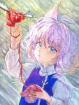  1girl artist_name blue_eyes branch closed_mouth commentary_request hat highres lapel_pin letty_whiterock long_sleeves looking_at_viewer making-of_available medinki medium_hair mittens pink_hair purple_vest red_mittens solo touhou traditional_media upper_body vest white_hat 