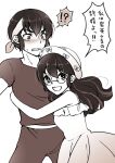  !? 1boy 1girl :d asazuki_norito bare_shoulders blush bow clenched_teeth commentary_request dress fang frilled_dress frills greyscale hat hat_bow hibiki_ryouga hug monochrome multicolored_hair nose_blush open_mouth pants ranma-chan ranma_1/2 shirt short_sleeves sleeveless sleeveless_dress smile speech_bubble spoken_interrobang streaked_hair sweatdrop t-shirt teeth translation_request upper_teeth_only v-shaped_eyebrows 
