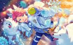  1boy animal_ears ball blue_eyes blue_gloves dino_albani dog fake_animal_ears fingerless_gloves fingernails fur_trim game_cg gloves happy_elements headset helios_rising_heroes highres holding jacket long_sleeves male_focus non-web_source official_alternate_costume official_art open_mouth pants pink_hair short_hair smile snow snowball snowflakes solo tail teeth 