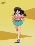  1girl artist_request bad_id clenched_hands closed_mouth derivative_work dot_mouth full_body green_skirt highres leg_up long_hair moechiki_rumiwo pink_shirt pink_shoes ranma_1/2 running shirt shoes signature skirt socks solo tendou_akane white_socks yellow_background 