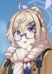  1girl :o blonde_hair blue_archive blue_sky brown_scarf earmuffs halo jacket kotama_(blue_archive) kotama_(camp)_(blue_archive) long_hair multicolored_sweater open_clothes open_jacket open_mouth ponytail portrait purple_eyes purple_halo scarf sky solo solokitsune sweater yellow_jacket 