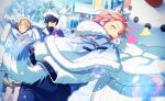  3boys animal_ears black_gloves blue_eyes dino_albani fake_animal_ears game_cg gloves happy_elements hat helios_rising_heroes highres holding holding_phone long_sleeves male_focus multiple_boys non-web_source official_alternate_costume official_art open_mouth pants phone pink_hair rabbit_ears short_hair smile snow snowball snowman tail teeth 